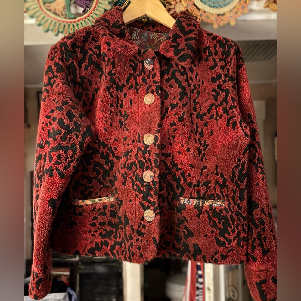 Leopard Plush and Tapestry Button Down Jacket Size M/L